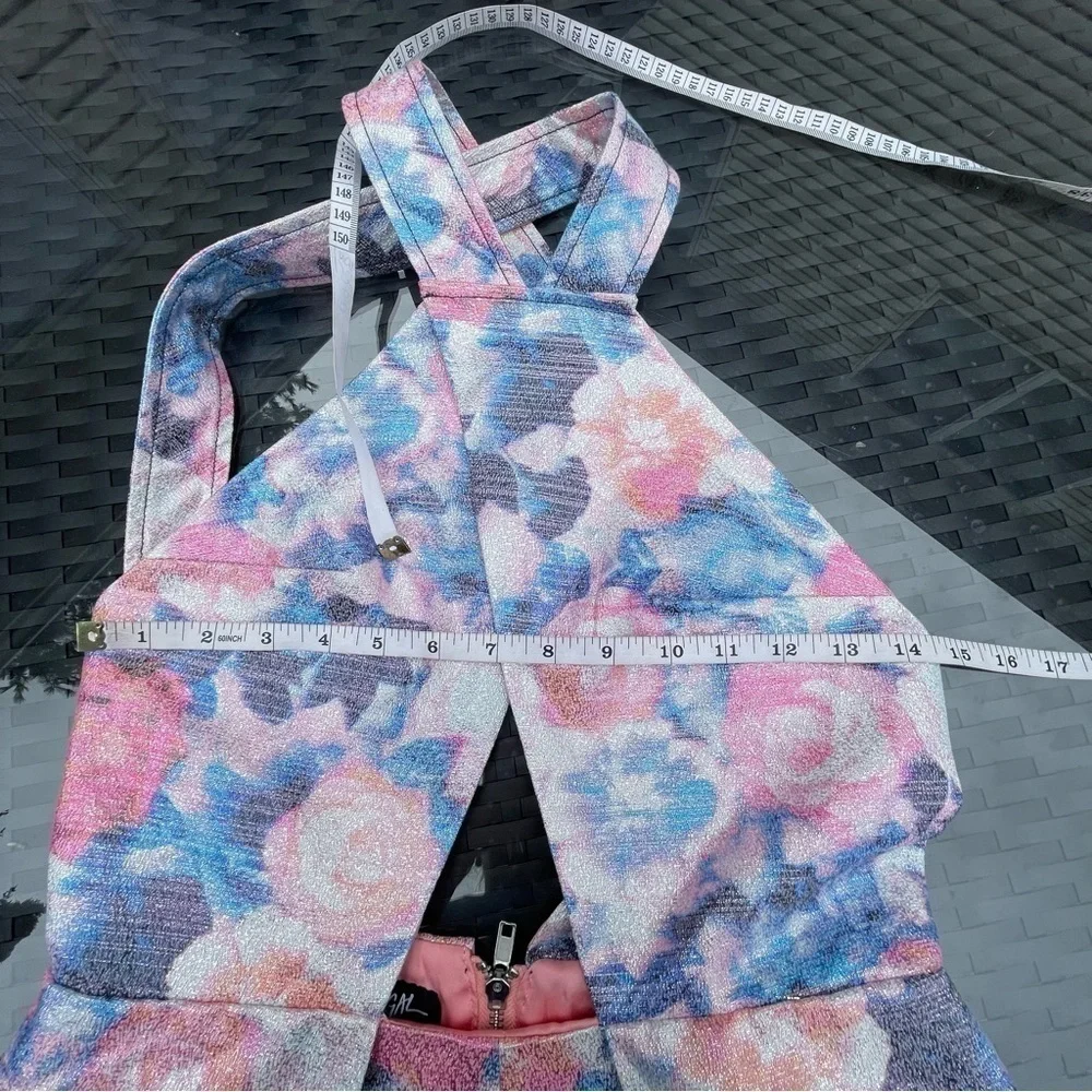 NASTY Gal floral shiny jacquard cut out halter romper shorts  Sz S - Picture 7 of 11